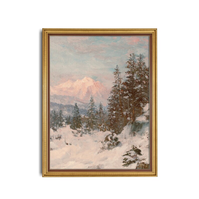 Vintage Snowy Mountain Landscape Print: Rustic Winter Cabin Decor ...