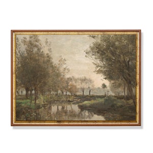 Vintage Landscape River Print – Misty Autumn Trees with Reflections and Rowboat, Tranquil Countryside Wall Art, Rustic Nature Decor