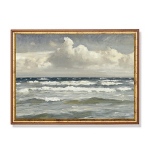 Impresión por correo / Pintura vintage de paisaje marino / Impresión antigua de Ocean Beach / Arte de olas costeras / Pintura al óleo Bellas artes / Impresión y barco