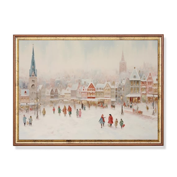 ヴィンテージの冬の街の絵画：雪に覆われたクリスマスの村のアート