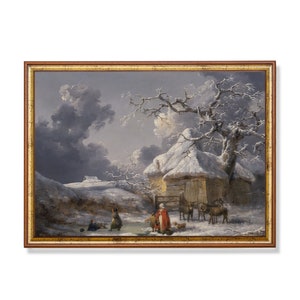 Vintage Prints Winter Landscape Snow Painting Antique Art Print Digital Download Christmas Eve Celebrations Printable Horizontal Wall Art