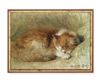 Sleeping Cat Painting: Vintage Style Animal Print (Mailed Print)