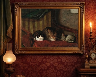 Vintage Cat with Kittens Print: Antique Animal Painting, Farmhouse Decor