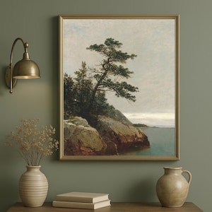 Vintage Coastal Landscape Print: Rocky Shoreline, Pine Tree Seascape