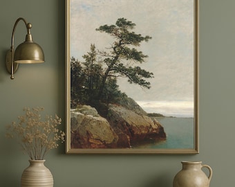 Vintage Küstenlandschaft Poster: Felsige Küste, Pinie am Meer