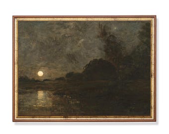 Vintage Moonlit River Landscape Print – Dark Romantic Night Painting, Moody Wall Art