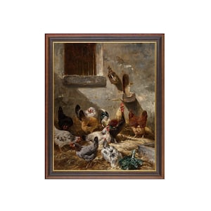 Vintage Hahn und Henne Gemälde: Rustikales Bauernhaus Kunstdruck