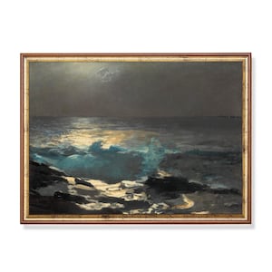 Moonlight Ocean Waves Art Print | Dramatic Nocturne Seascape Wall Art | Vintage Night Sea Painting | Coastal Nautical Decor