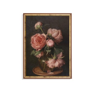 Vintage Rosa Pfingstrosen Art Print - Romantisches Stillleben, klassische Blumenmalerei, antike botanische Wanddekoration, holländische Barockblume