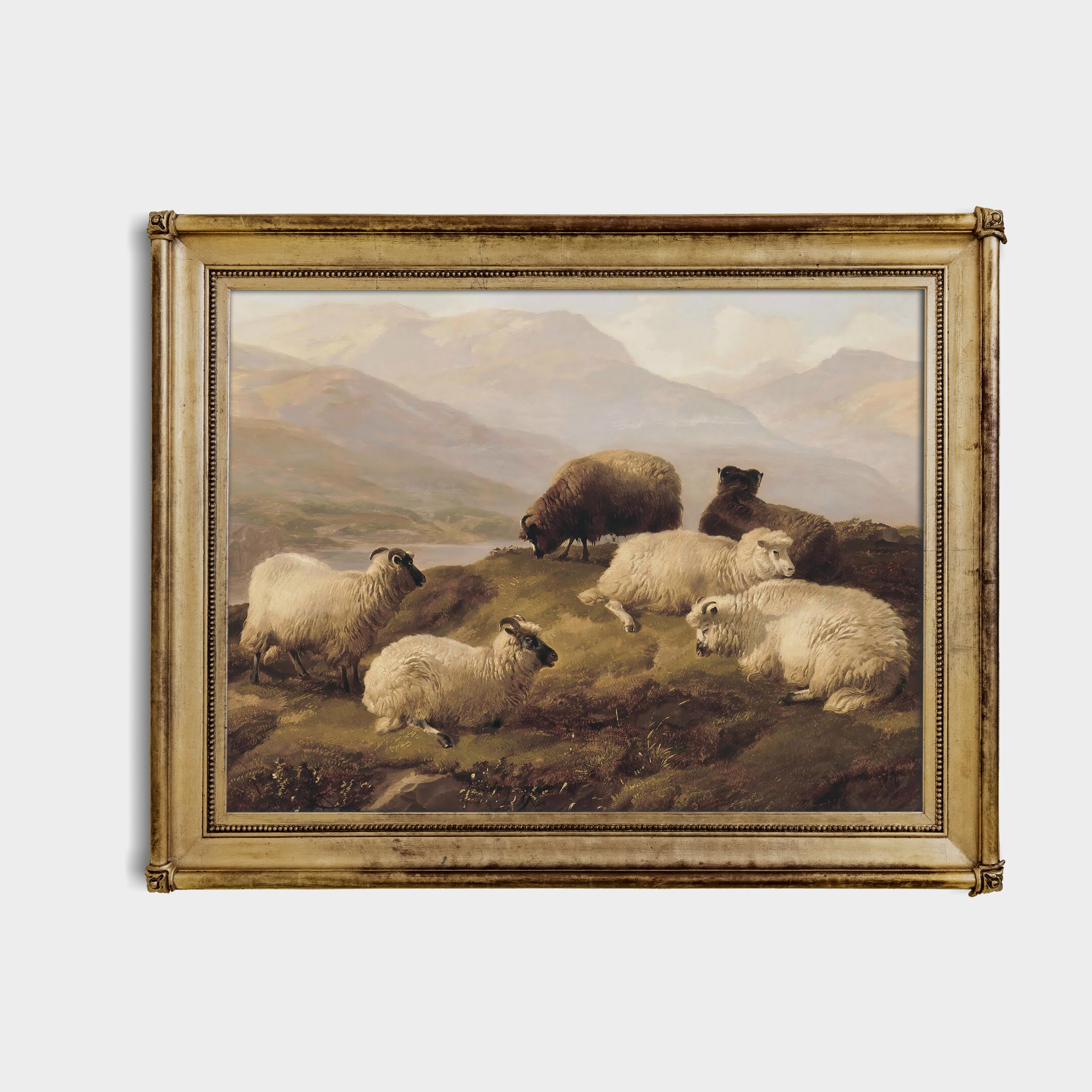 ヴィンテージ羊風景画：農家風ファインアートプリント（デジタル