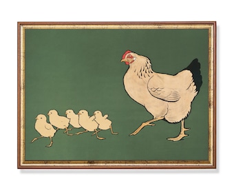 Lámina artística vintage de gallina y pollitos: decoración rústica para habitación infantil.