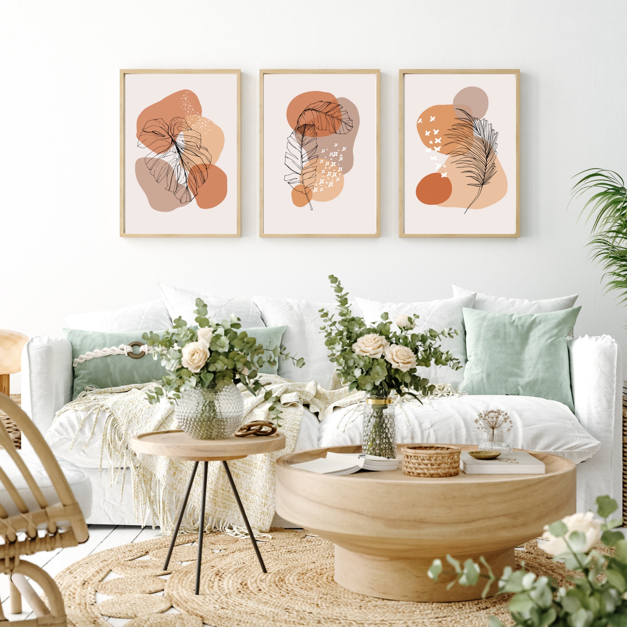 Set Of 3 Boho Prints 3 Piece Wall Art Boho Botanical Leaf Mid Etsy