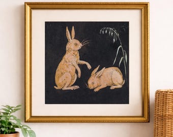 Vintage Rabbit Painting: Antique Bunnies Fine Art Print