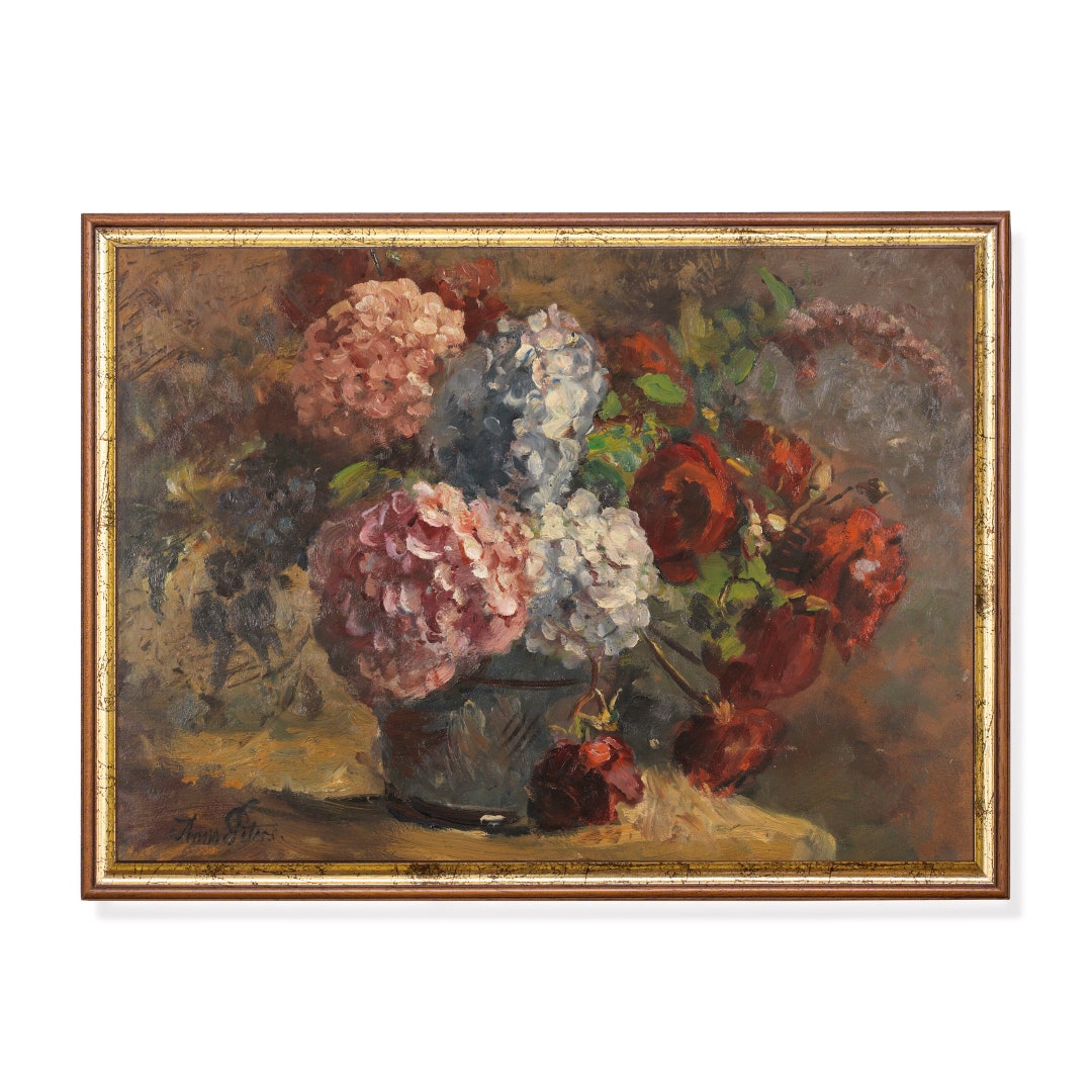 Vintage Floral Still Life Art Print: Moody Hydrangeas and Roses - Etsy