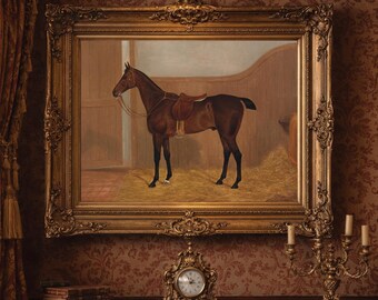 ヴィンテージ風の馬の絵画プリント：素朴な農家風の壁掛けアート