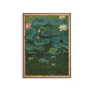 Vintage Lotus Teich Gemälde - Botanische Seerose Kunstwerk, Natur inspirierte Wanddekoration, antiker Blumendruck, asiatische Gartenästhetik