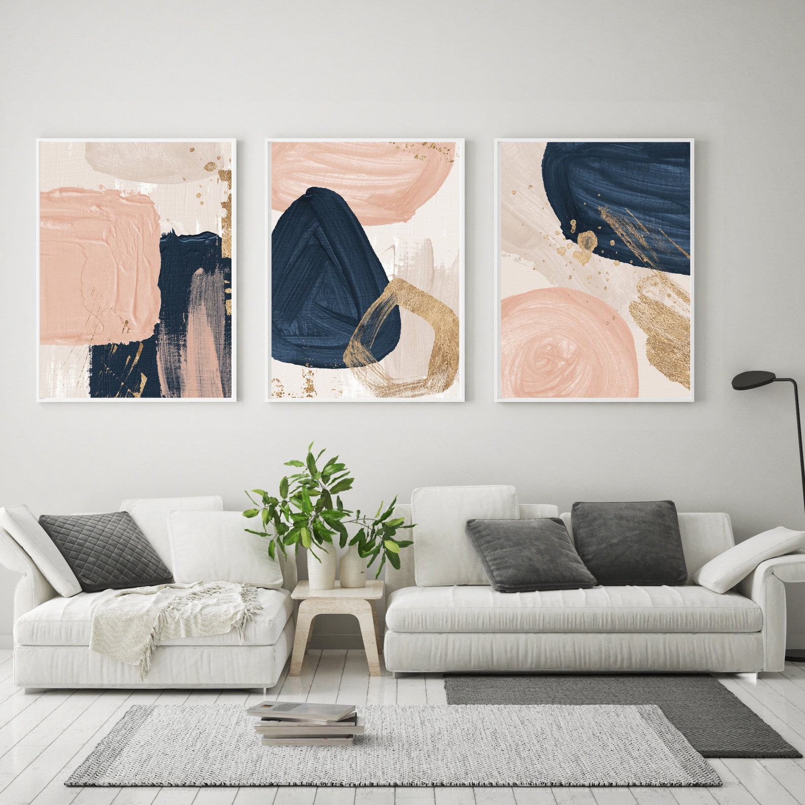 Blush Pink Wall Art Navy Blue Printable Poster Abstract Prints Set of 3 ...