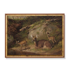 Vintage Hirsch Familie Gemälde: Rustikaler Bauernhaus Tierdruck