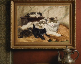 Vintage Cat and Kittens Painting: Antique Farmhouse Print