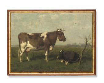 Gedruckt und versandt | Vintage Kuh Malerei | Antiker Tierdruck | Bauernhaus Dekor | Bauernhof Tier Rustikale Kunst | Bildende Kunst | Physische Drucke