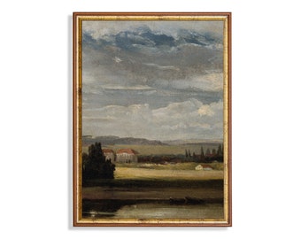 Vintage Country Landscape Painting: Rustic Farmhouse Decor (Digital Download)