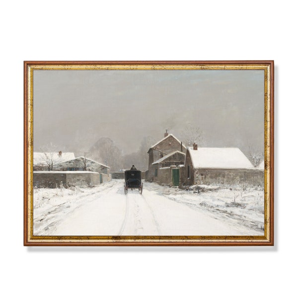 Winter Snowy Landscape Vintage Wall Art Antique Painting Christmas Decor Moody Rustic Print Horizontal Printable Wall Art Digital Download