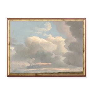Vintage Cloudscape Art Print – Soft Sky with Glowing Sunset Hues, Moody Grey and Cream Clouds in Romantic 19th Century Landscape Style