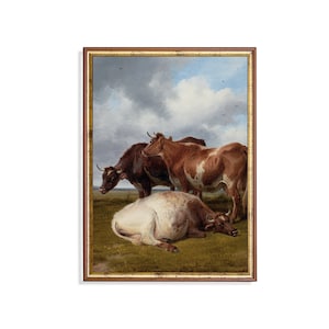 Vintage Cows in Pasture Painting – Rustic Farm Animal Artwork with Grazing and Resting Cattle – Antique Country Digital Art Download Print