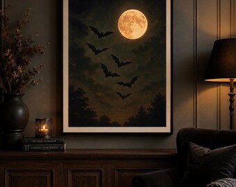 Vintage Halloween Bats Moon Print, Gothic Night Sky Decor (Digital Download)