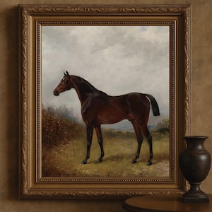Vintage Horse Portrait Art Print – Antique Bay Horse Painting in Pasture, Equestrian Wall Decor, English Countryside Digital Download
