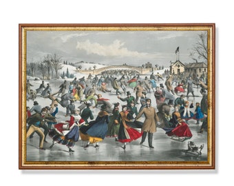 May include: A framed vintage print depicts a winter scene of people ice skating on a frozen pond. The skaters, dressed in period clothing, are enjoying a day of leisure. A bridge and buildings are visible in the background, with a cloudy sky overhead.