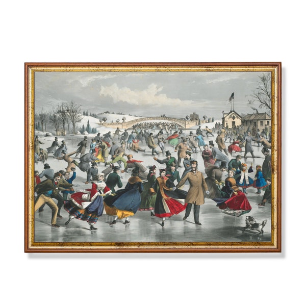 Winter Scenes at Central Park Vintage Ice Skating Painting Antique Snowy Landscape Instant Download Horizontal Printable Wall Art Fine Print