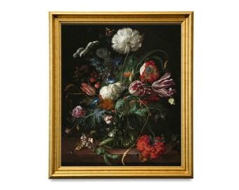 Print and Ship | Vintage Still Life with Flowers | Antique Floral Painting | Moody Rustic Print | Mailed Art | Farmhouse Decor | Fine Art