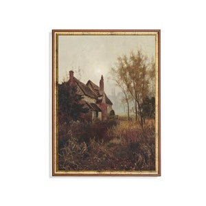 Vintage Farmhouse Landscape Painting: Rustic Country Nature Print (Digital Download)