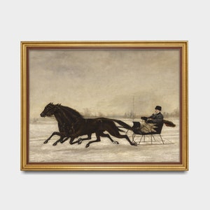 May include: A framed vintage painting depicts a winter scene with two dark horses pulling a sleigh across a snowy landscape. A person sits in the sleigh, bundled in warm clothing. The artwork is set in a gold-colored frame.