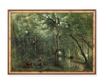 Vintage Woodland Landscape Painting | Moody Forest Wall Art, Rustic Farmhouse Decor