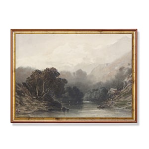 Vintage Landscape Painting | Antique Mountain Lake | Neutral Nature Trees Print | Digital Download | Printable Wall Art | Farmhouse Decor