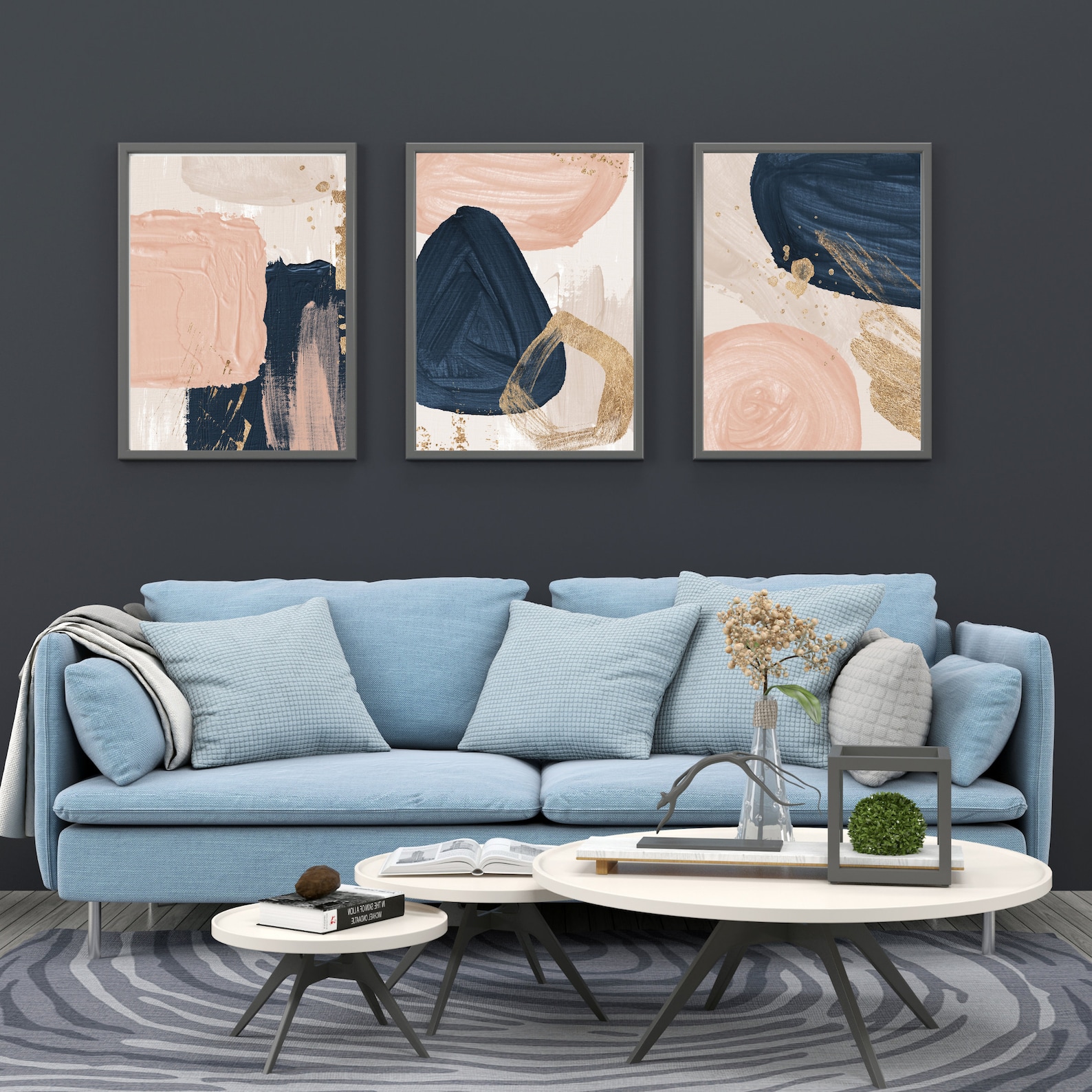 Blush Pink Wall Art Navy Blue Printable Poster Abstract Prints Set of 3 ...