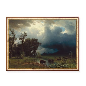 Vintage Buffalo Landscape Painting: Rustic Country Fine Art Print