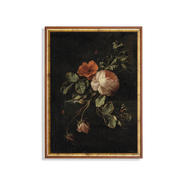 Mailed Print | Still Life with Roses | Vintage Painting | Moody Rustic Artwork | Antique Flower Print | Floral Still Life | Print and Ship