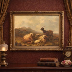 Vintage Sheep and Goats Painting: Rustic Farmhouse Art Print image 1