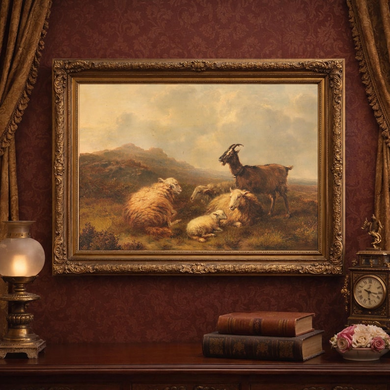 Vintage Sheep and Goats Painting: Rustic Farmhouse Art Print image 1