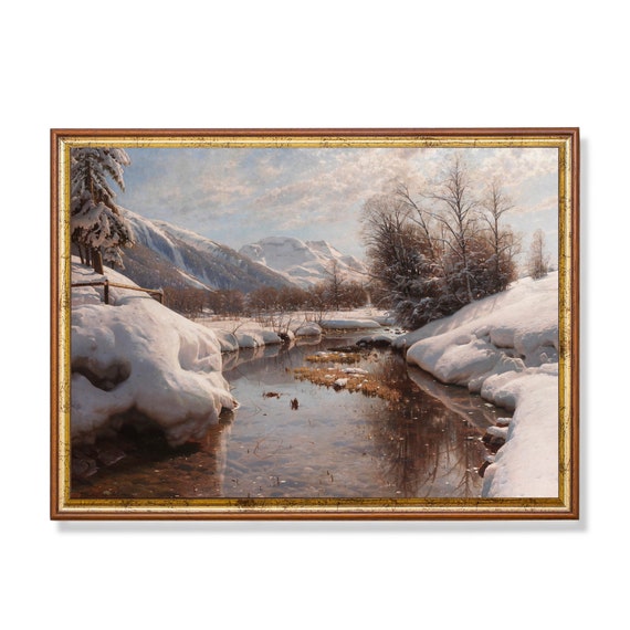 ヴィンテージ風の雪景色を描いた絵画：素朴なキャビン装飾プリント 