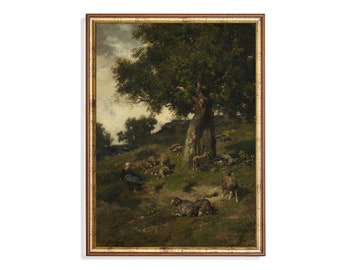 Printed and Shipped | Vintage Painting | The Shepherdess with Her Flock | Sheep Painting | Antique Art Print | Moody Rustic Print