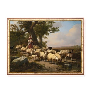 Vintage Shepherdess Painting: Sheep & Goat Country Landscape Art Print