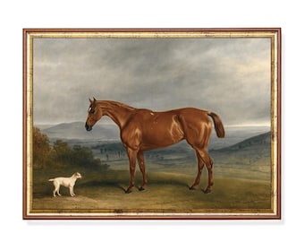Cuadro antiguo de caballo y perro: Arte ecuestre rústico de granja (Descarga digital)