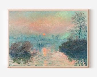クロード・モネの風景画、ラヴァクールのセーヌ川に沈む夕日の絵画