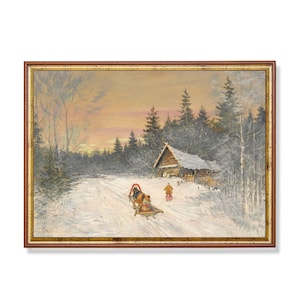 Winter Snowy Landscape Vintage Painting Village Under Snow Antique Art Print Horizontal Printable Wall Art Christmas Decor Digital Download