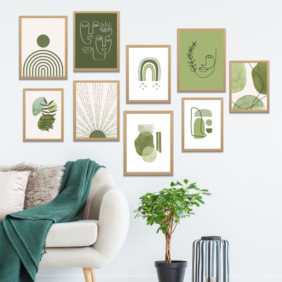 Gallery Wall Set Sage Green Wall Art Set Of 9 Print Boho Print Etsy