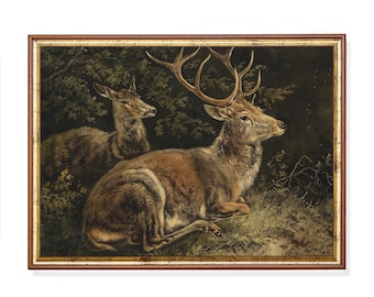 Vintage Deer Painting: Rustic Animal Oil Print